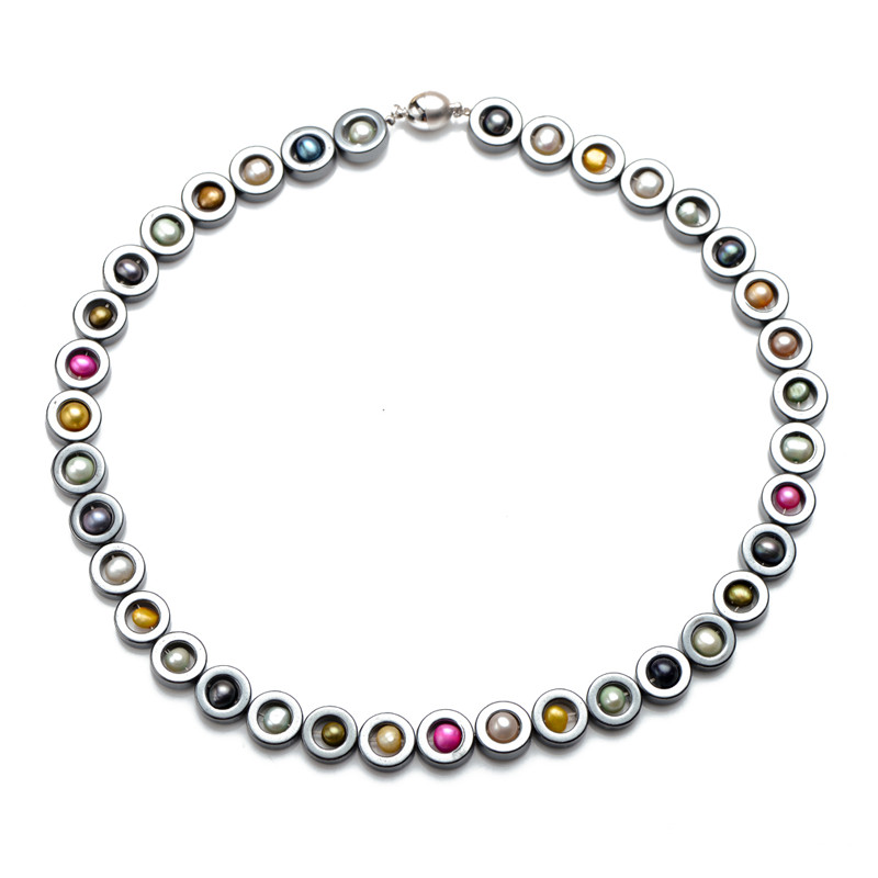 

Multicolor Freshwater Pearl Necklace Black Hematite Beaded Chokers 18 Inch with Good Quality Smooth Round Magnetic Clasp, Golden