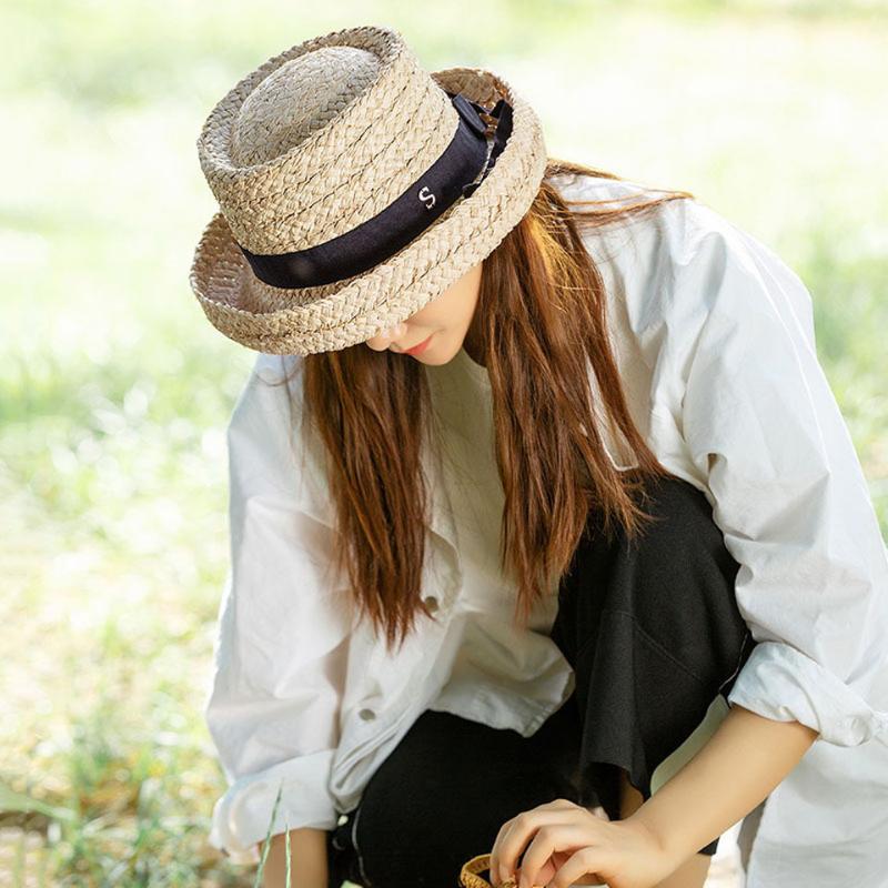 

Women's Natural Straw Hat Fedoras Foldable Big Brim Summer SunHats Raffia Hat Black Ribbon Panama Elegant Ladies Cap, F0216