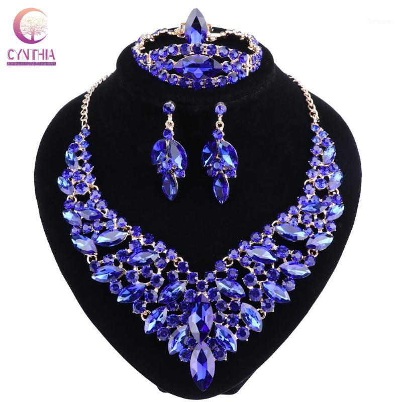 

Blue Crystal Rhinestone Gold Color Necklace Earrings Bracelet Ring Set for Women Wedding Bridal Jewelry Sets1, Gold/blue/multi/red/ab color