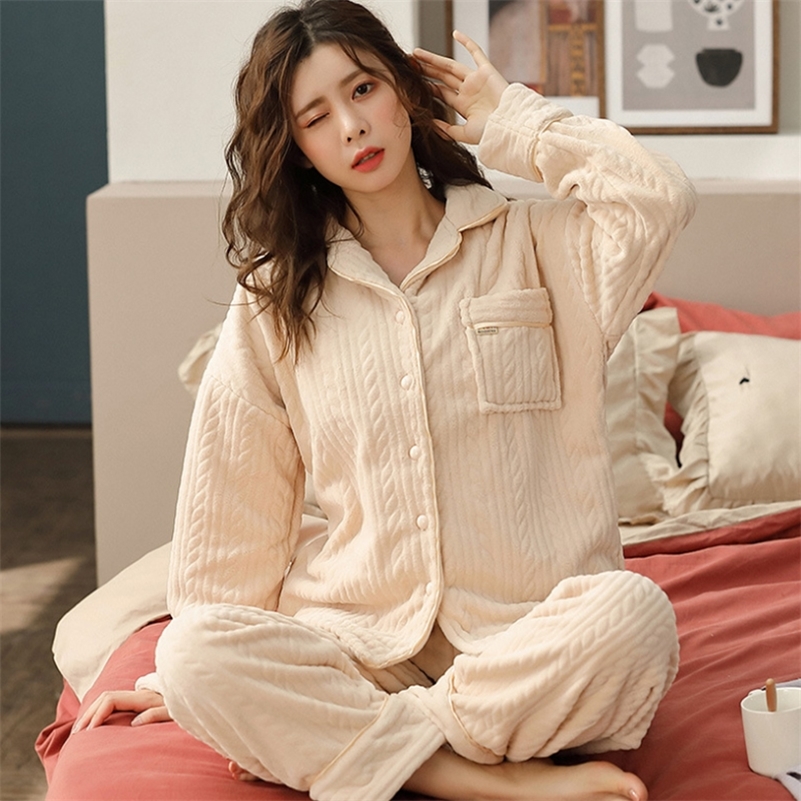 

2 Pieces Winter Women Thicken Warm Soft Pajamas Female Flannel Pajamas Set Mujer Long Sleeve Sleepwear for Girls Ladies Pyjamas 201217, Y5030