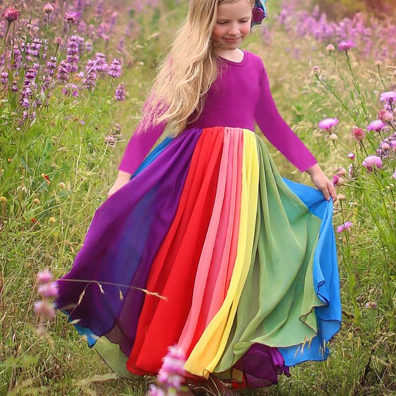 

New Fashion Fall Winter Rainbow Long Sleeve Cotton Color Block Cute Baby Girl Cotton Party Dresses for Kids Princess Girls Dress, Xh00113pk