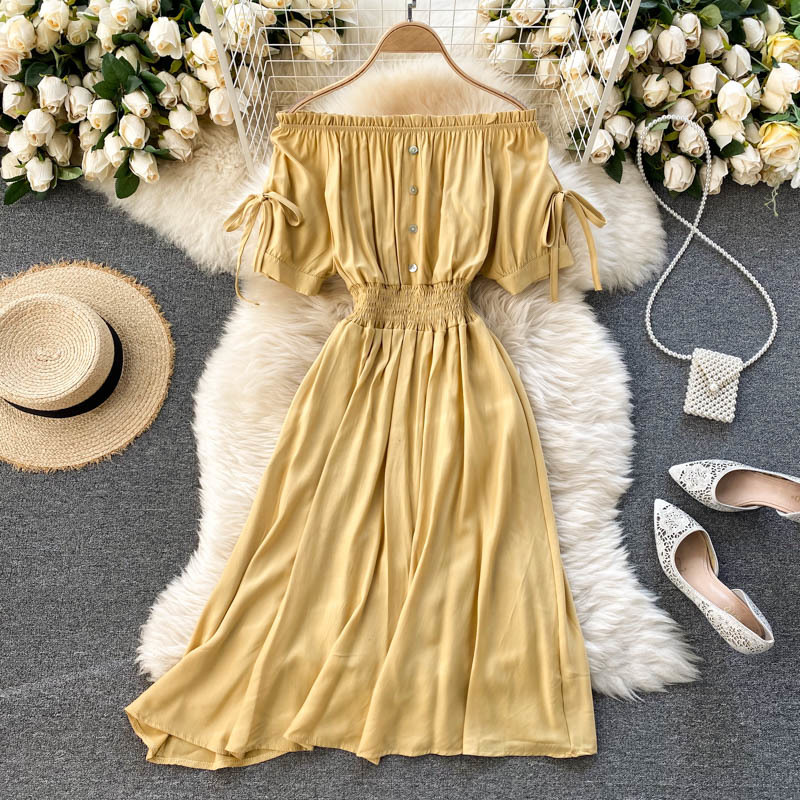 

2021 New Singiny sexy women off the shoulder dressed slash neck puff elastic ruched elegant summer dress-line solid MLCY, Pink