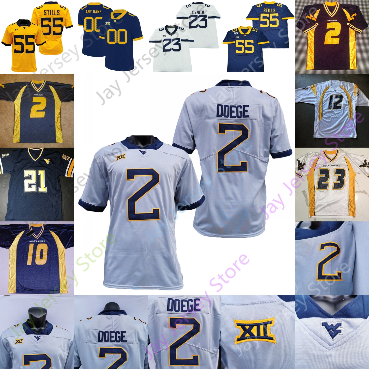 

West Virginia Mountaineers WVU Football Jersey NCAA College JT Daniels Pat McAfee Jarret Doege Alec Sinkfield Tony Mathis Jr. Bryce Ford-Wheaton Smith Simmons, White