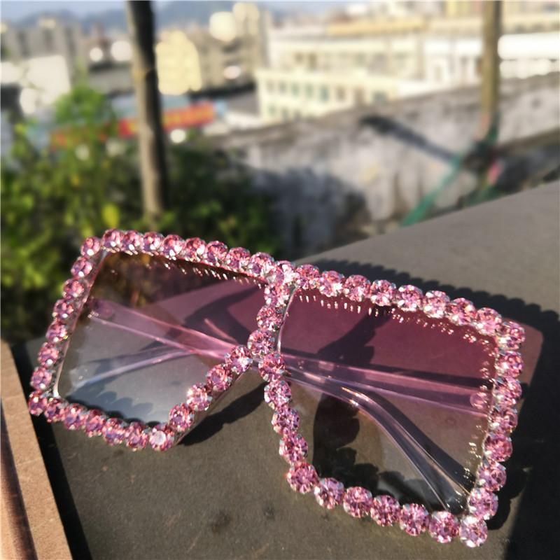 

Crystal Diamond Sunglasses Large Frame Women Pink Shiny Square Glasses Brand Designer Fashion Eyewear Shades FML