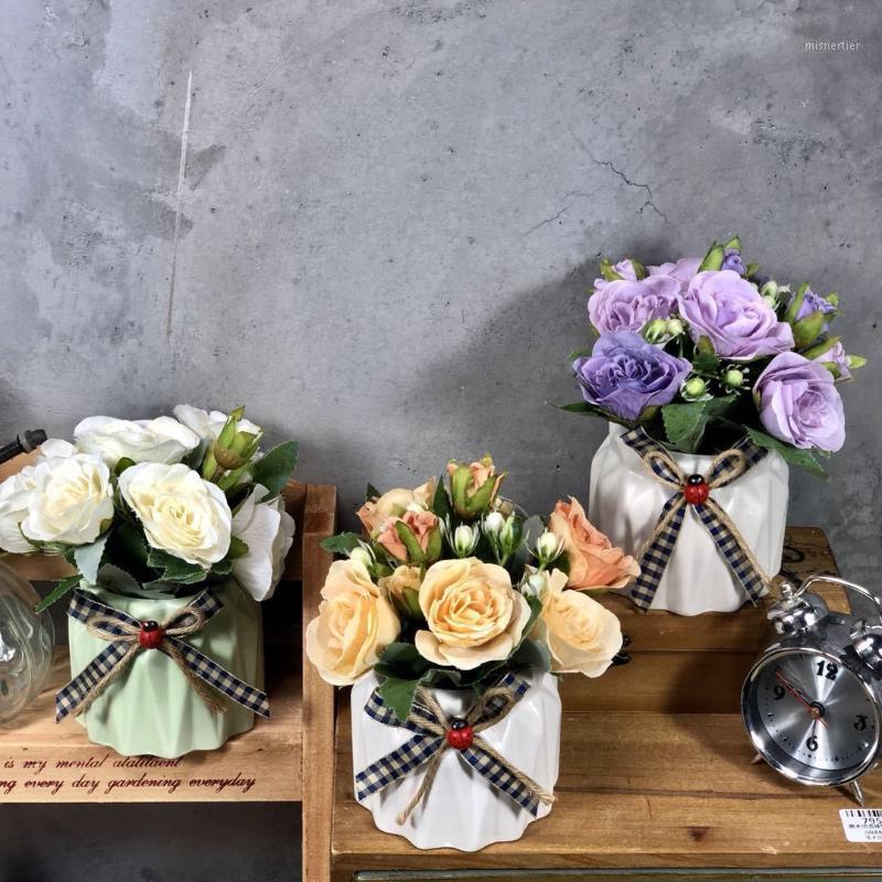 

Potted Rose Set with Simulated Flower Ceramic and Rope Home Bedroom Wedding Flower Art Decoration Photographic Projects1, White