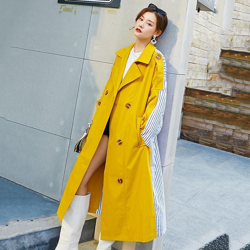 

Autumn 2020 Woman Long Trench Coat British Style Vintage Long Coat Elegant Waist belt fashion stripe Windbreaker outwear FY631, Yellow
