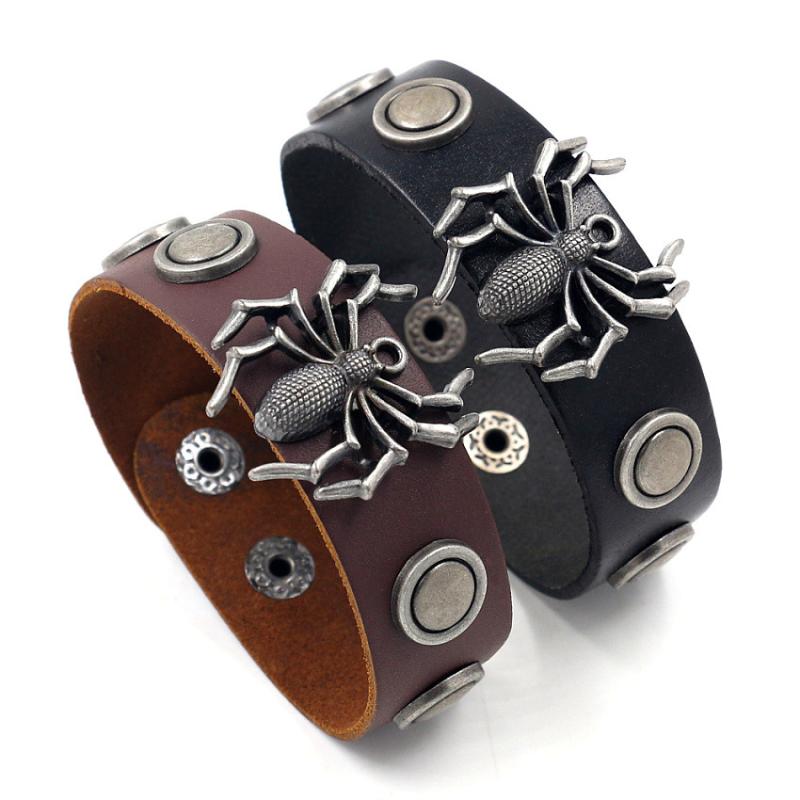 

Hip Hop Punk Rivet Spider Leather Bracelet Wide Cuff Rope Bracelet Men's Fashion Retro Skull Female Handmade Jewelry