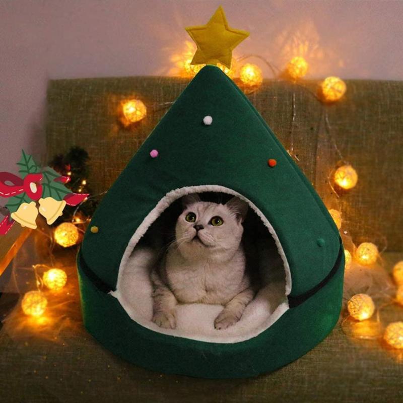 

Pet House Cat Christmas Tree Shape Bed Dog Nest Puppy Cave Washable Cat Mat Warm Soft Winter House Pet Supplies Bed