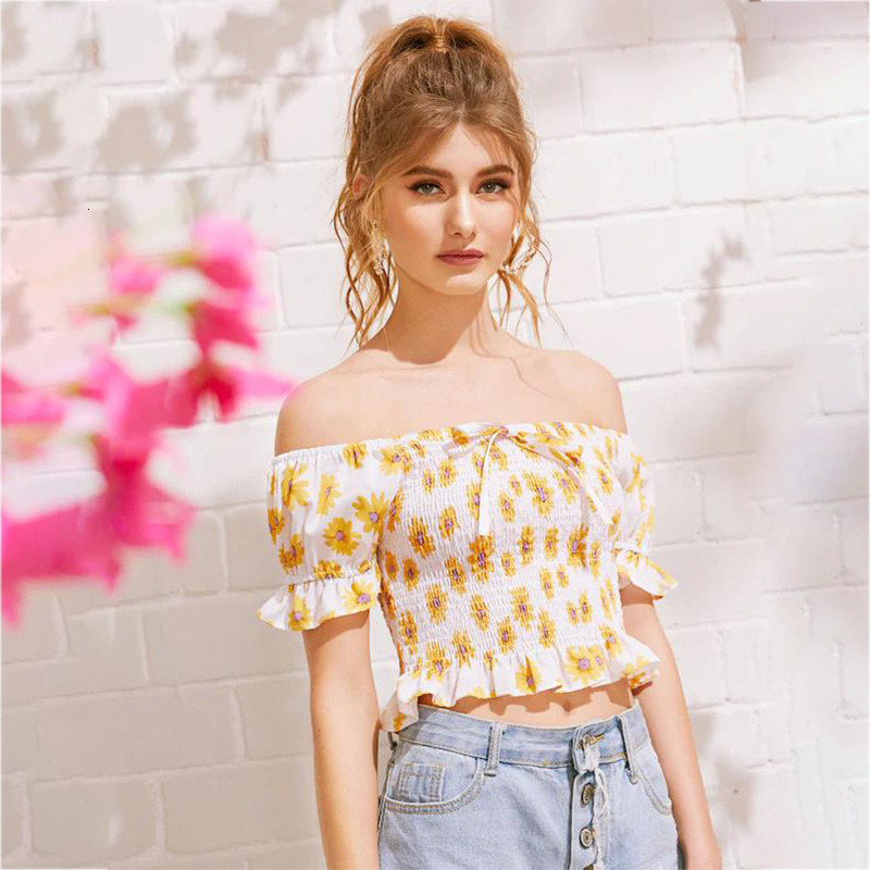 

New Boho Floral Blouses Print Short Tops Sexy Women Off Shoulder Elastic Blusa From the Basic Ladies Summer Shirts R1z4, White