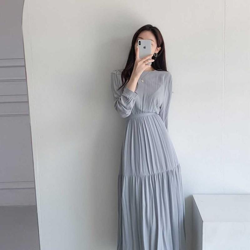 

Casual Dresses Slim O Long Sleeve Pleated Dress Blue Korean Elegant Gentle Solid Robe Vestidos Mujer High Waist Pink A Line Mid Temperament, Black;gray