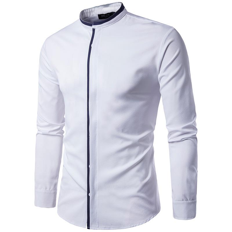 

Casual Fashion Striped Patchwork Plain Men Shirt Slim Fit Dress Shirt Long Sleeve Turn-down Collar Cotton Camisa Masculina, White