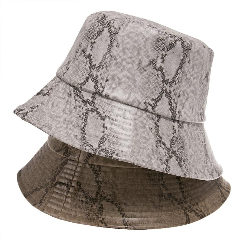 

Spring Autumn Snake Skin PU Leather Fishman Hats Women All Matched Trendy Outdoor Windproof Bucket Cap Ladies Sunscreen Hat, As pic