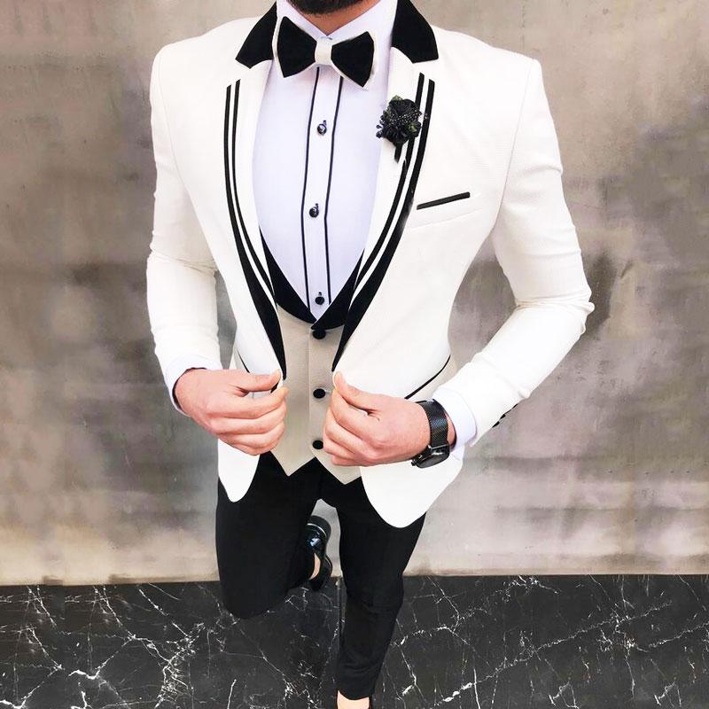 Latest Design White Wedding Suits for Men Blazer Groom Tuxedo Slim Fit Terno Masculino 3Piece Coat Black Pants Vest Costume Homme Mariage