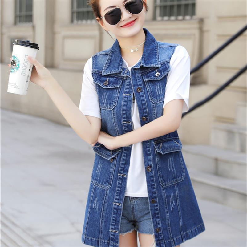 

plus size 6xl 2021 new autumn women denim casual vest fashion hole denim vests jeans jacket long sleeveless cardigans coat, Black;white