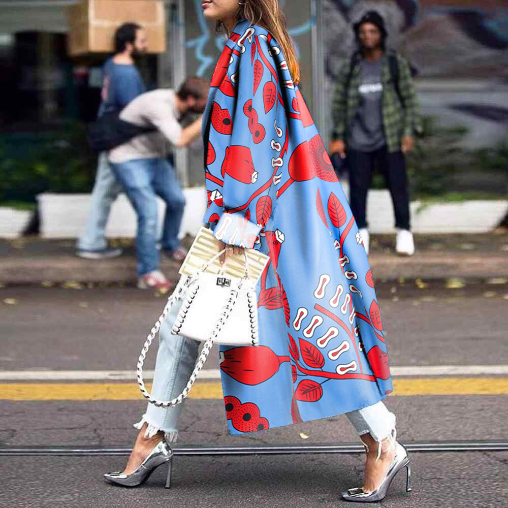 

Single female garment breasted trench autumn 2020 vintage shreds winter printde long oversized jacket RQKL, Photo color
