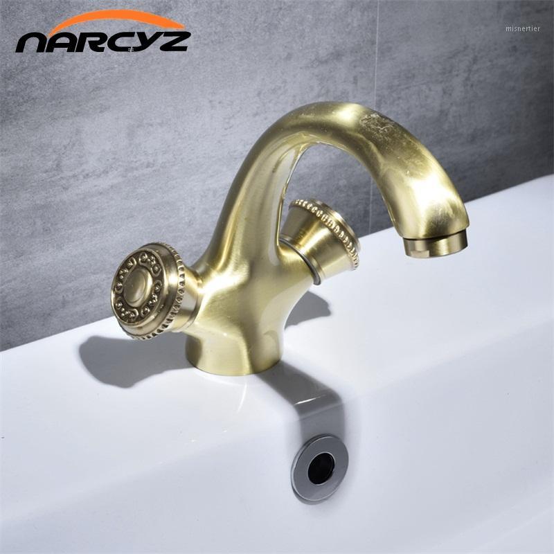 

Basin Faucets Copper Color Deck Mounted Kitchen Bathroom Sink Faucets Dual Handle Vintage Carving Hot Cold Mixer Tap XT-4251