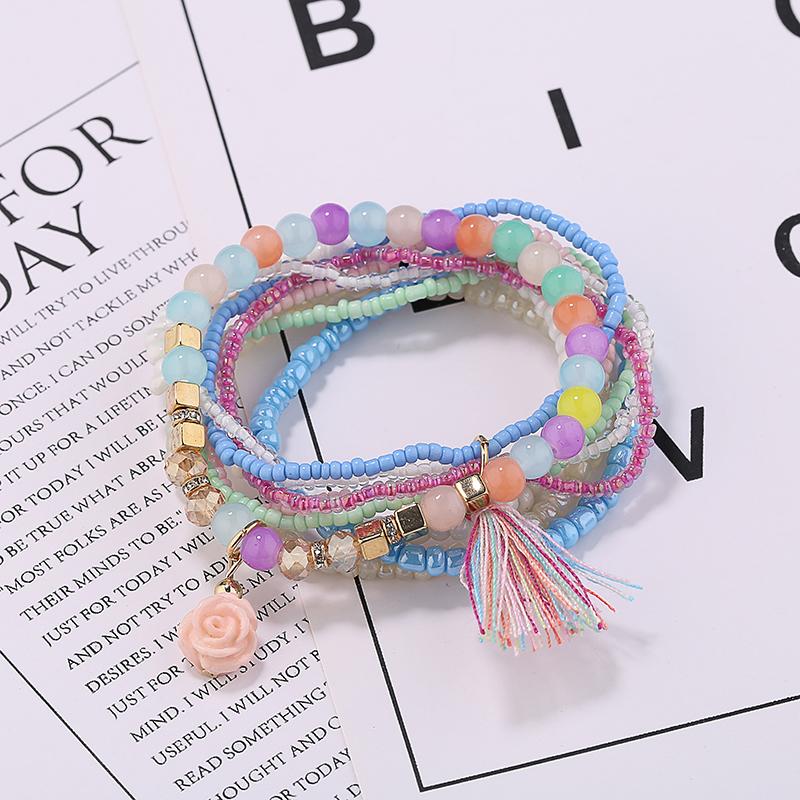 

2020 Bohemia Tassel Multilayer Beads Bracelets For Women Boho Rose Flower Charm Bracelets Set Femme Pulseras Mujer Jewelry