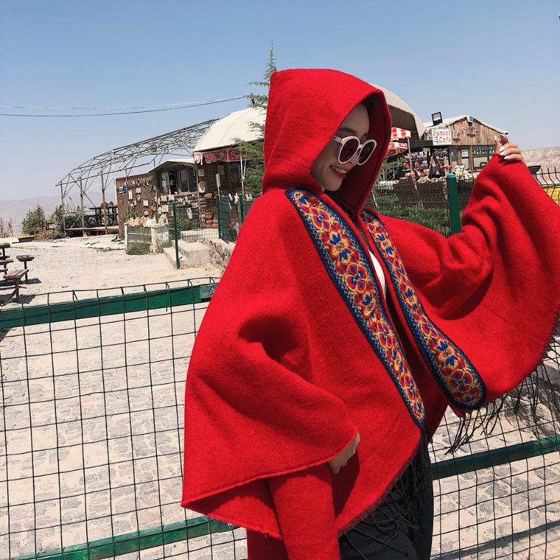 

Turkish national style shawl female hooded thickened warmth Tibet travel scarf hooded cloak cloak