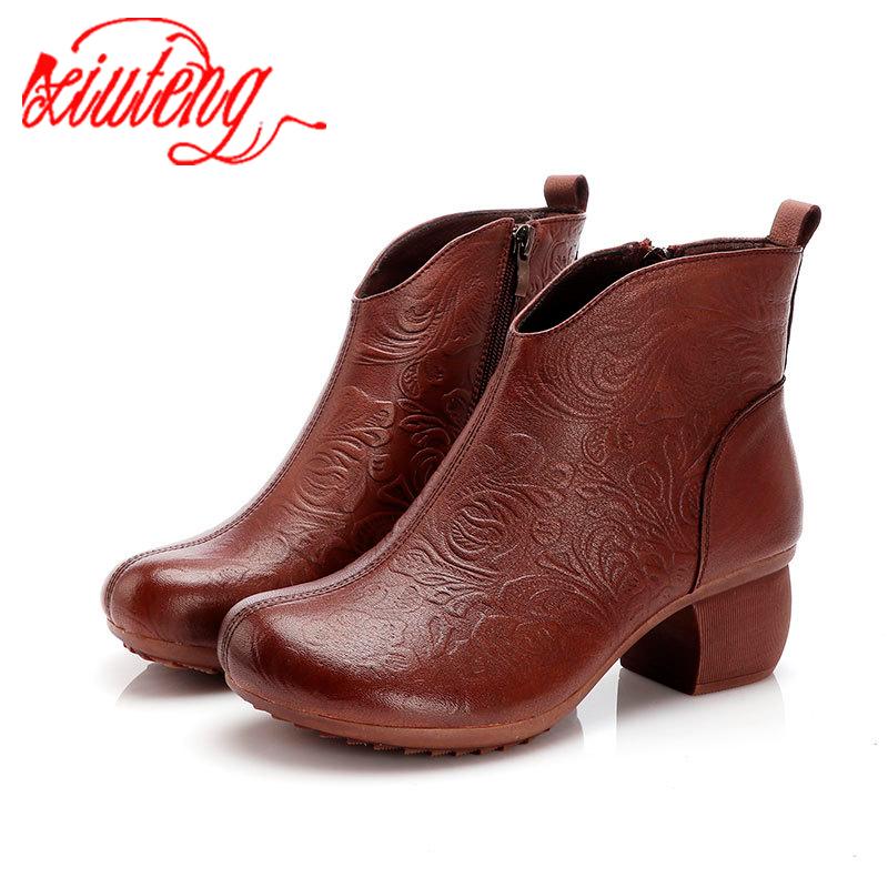 

Xiuteng 2021 New Women Boots Retro Printed Genuine Leather Zipper Ankle Boots Platform Ladies Shoes Women Botines Mujer, Xt00659-black