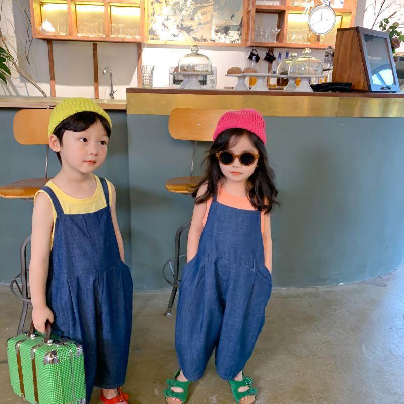 

Korean style fashion boys girls oversized thin denim overalls 2020 children casual loose suspender trousers1, Blue