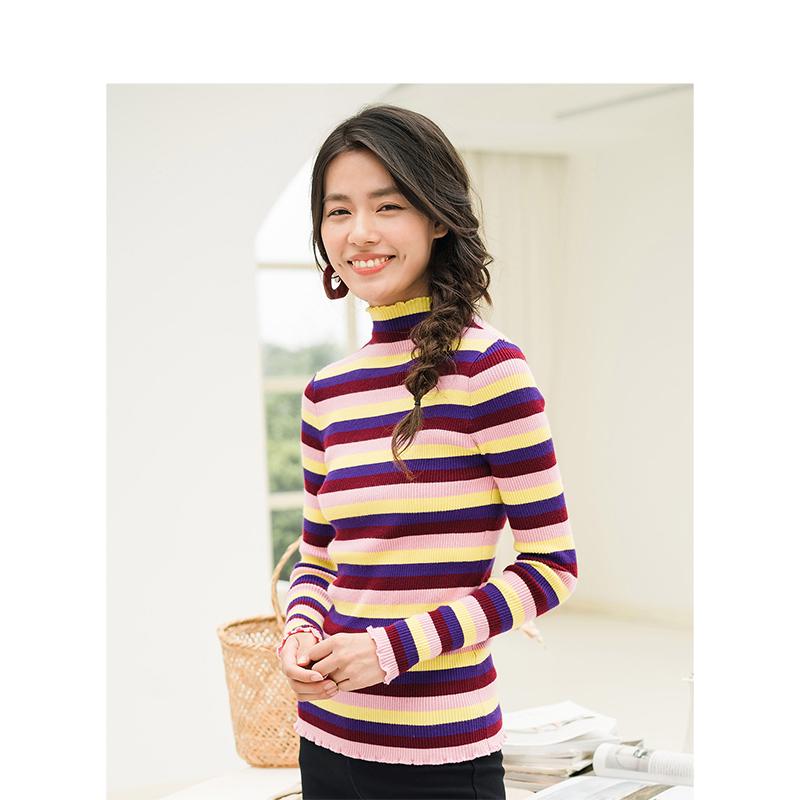 

INMAN Winter High Neck Colorful Stripped Tight Show Fitness Women Warm Pullover Sweater, Pink green