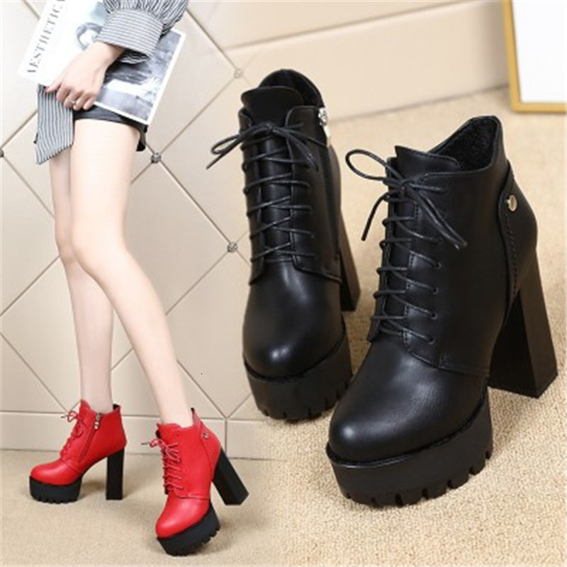 

New Hot 2021 Winter Women Lace-up Leather Shoes Woman Party High Zip Boots Black I3ZZ, Red