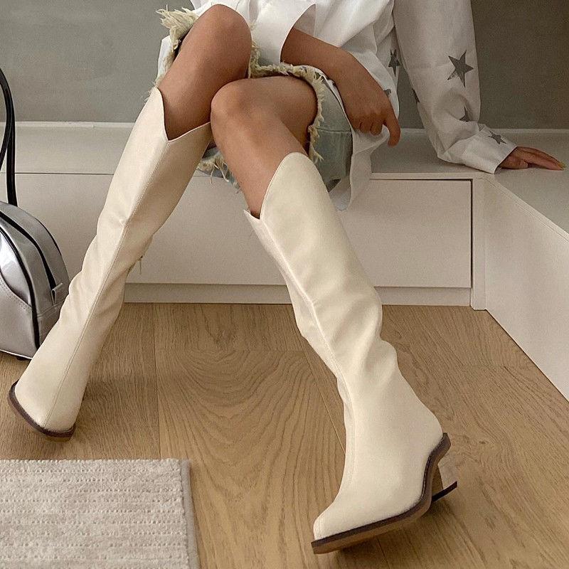 

Ins Hot 2021 New High Boots Mid-Calf Heels Women Winter Shoes Western Boots Cowboy Long Female Pointed Toe Leather, Beige-plush