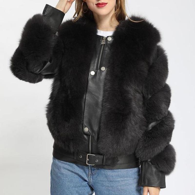 

Malina Fashion O Neck Faux Fur Coats Women Elegant Tie Belt Waist Faux Leather Jackets Women Winter Solid Short Coats Ladies, Black