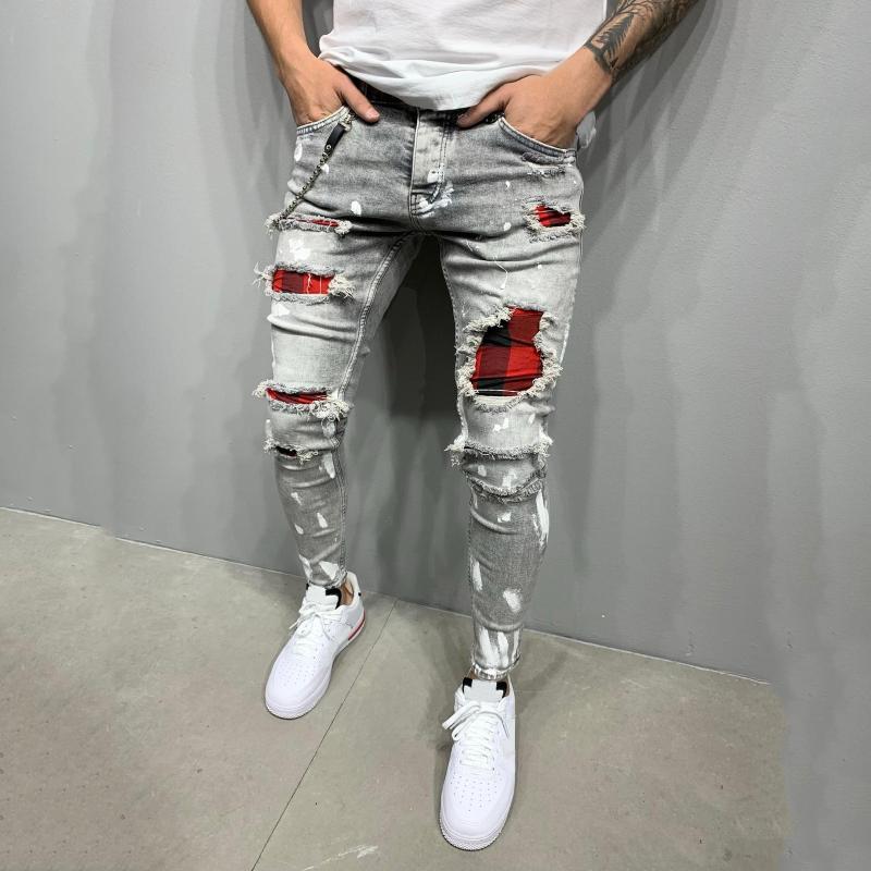 

Men' Quilted Embroidered jeans Skinny Jeans Ripped Grid Stretch Denim Pants MAN Elastic Waist Patchwork Jogging Denim Trousers#, Black