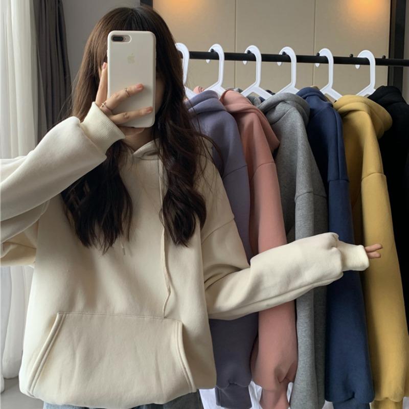 

Women's Autumn Winter Harajuku Sweatshirts Korean Hooded Drop Shoulder Solid Color Thick Fleece Simple Loose Hoodies for Student, Black