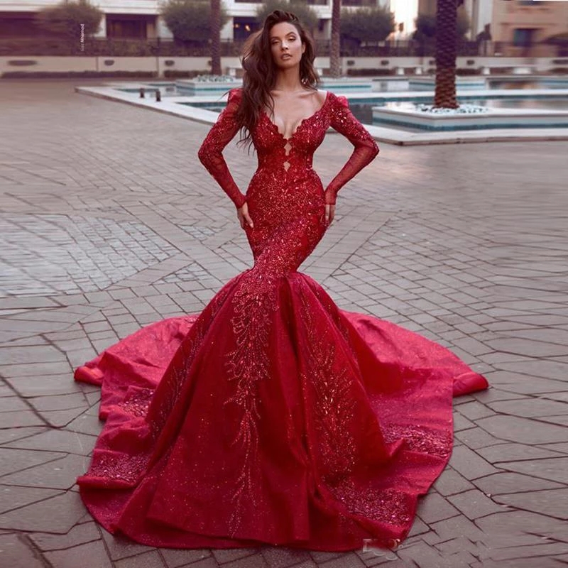 

Gorgeous 2021 Red Mermaid Prom Dresses Long Evening Gowns Open Back Appliqued Lace Long Sleeve Formal Party Gown Elegant, Blue