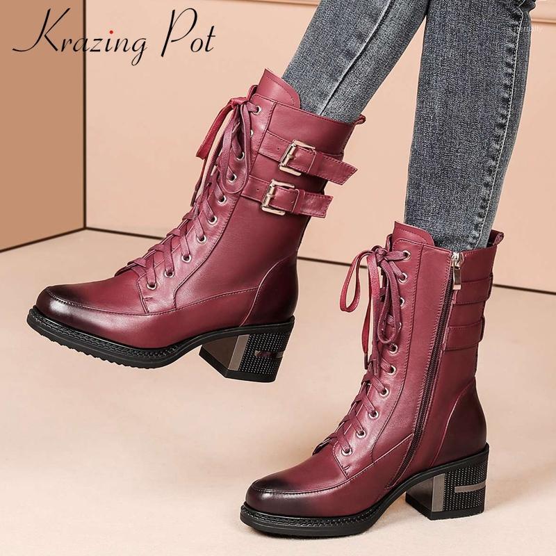 

Krazing Pot 2021 winter new boots genuine leather buckle decoration round toe thick high heel zip gentlewomen mid-calf boots L731, Black