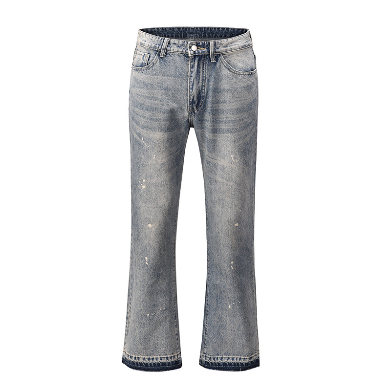 

High Street Washed Splash Retro Wide-leg Flared Pants Mens Straight Casual Jeans for Men Loose Denim Trousers, Blue
