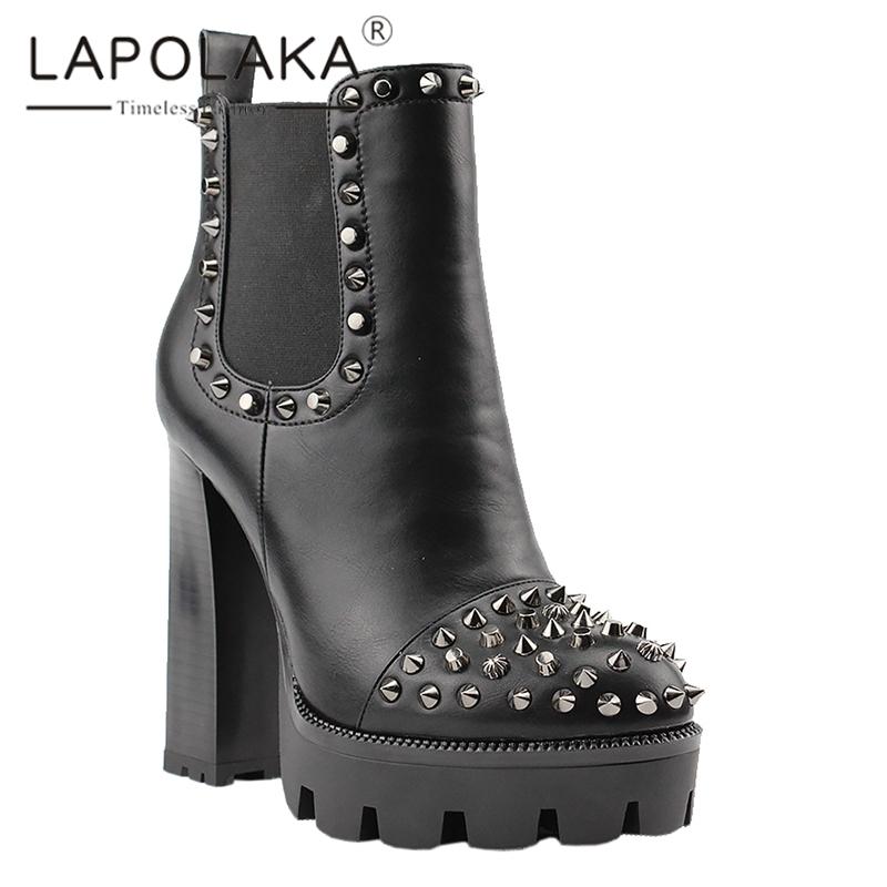 

Lapolaka New Fashion 2020 Large Size 35-41 Wholesale Rivet Zip Up Ankle Boots Woman Shoes Women Chunky High Heels Woman Boots, Black pu