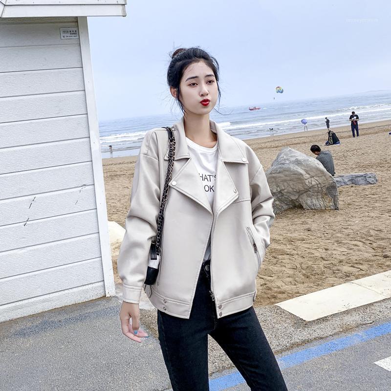 

Basic Coats Ladies Oversized Outerwear Aelegantmis New Women Casual Loose Faux Leather Jacket Soft Pu Leather Moto Biker Jacket1, Beige