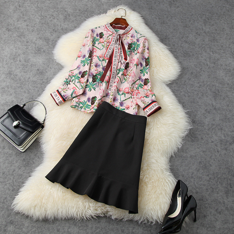 

European and American women's clothing New styles for spring 2021 Long sleeve collar Printed shirt skirts Fashion suits, White
