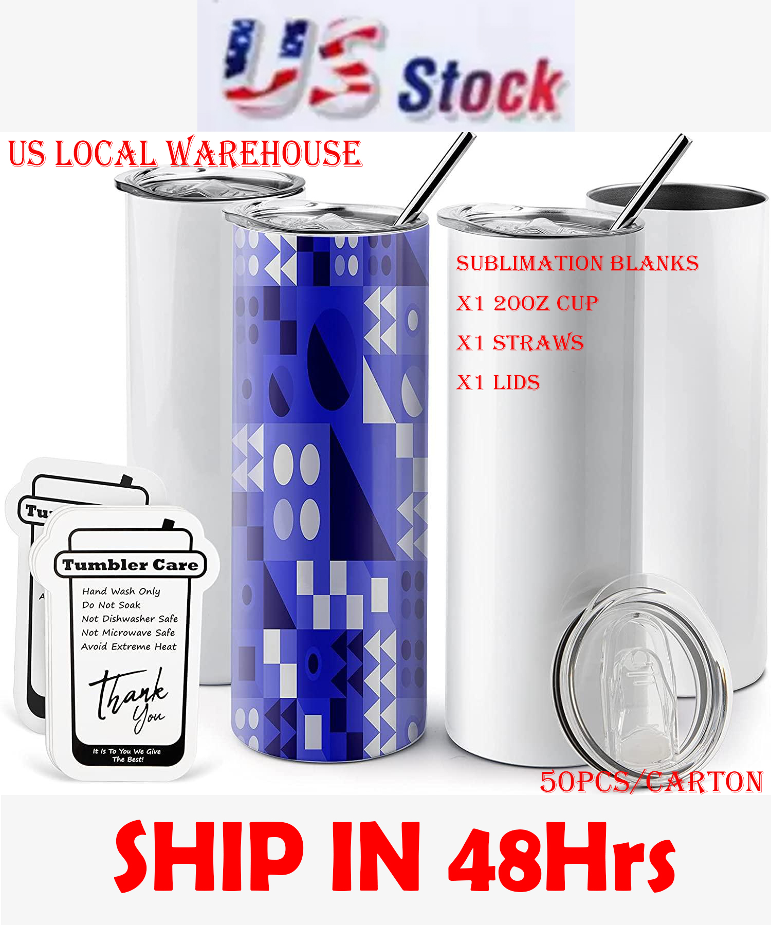

US Local Warehouse 50pcs/Carton Sublimation Tumblers 20oz Stainless Steel Straight Blank Mugs white Tumbler with Lids and Straw Heat Transfer Gift Mug Bottles, 1pcs metal straws