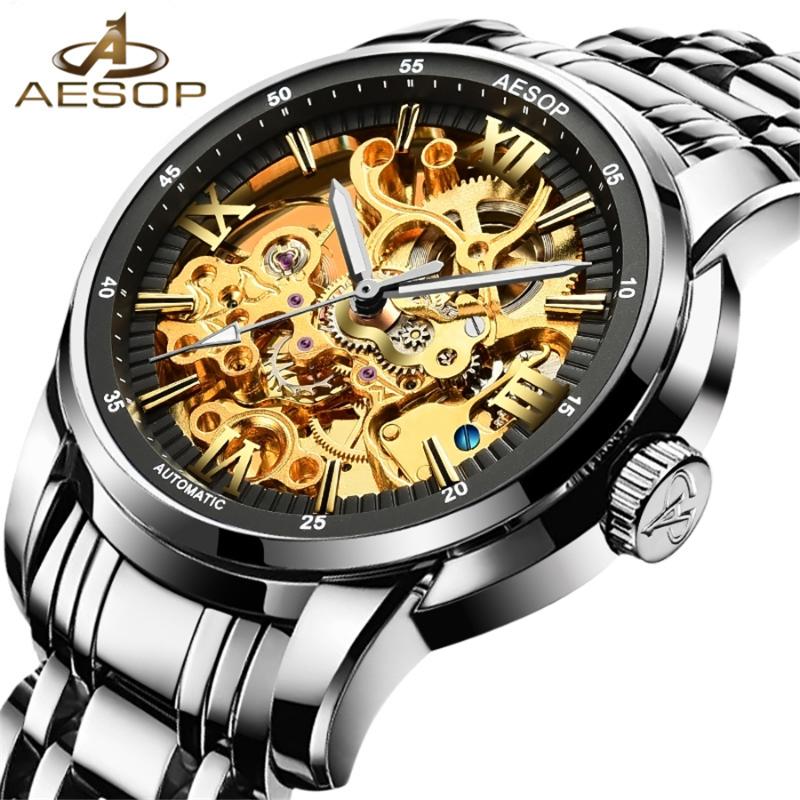 

AESOP Classic Series Golden Movement Inside Silver Stainless Steel Mens Skeleton Watch Top Fashion Automatic Watch