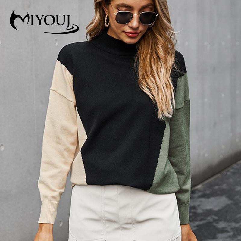 

MIYOUJ Casual Patchwork Sweater Women Turtleneck Knitted Pullover Autumn Long Sleeve Fashion Chic Top, 01