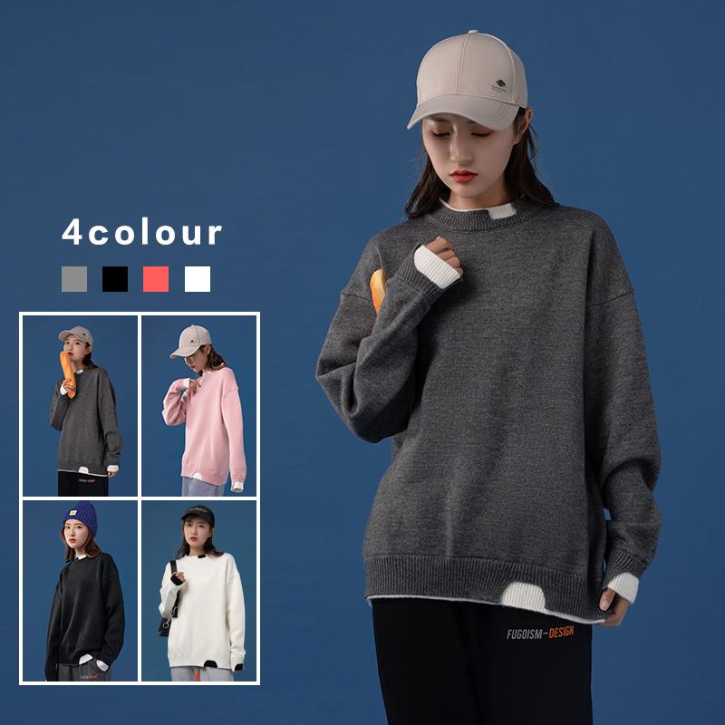 

MRDONOO Hong Kong style sweater men and women Couple fake two Japanese loose large size neutral style couple sweater 301C-M07, Black