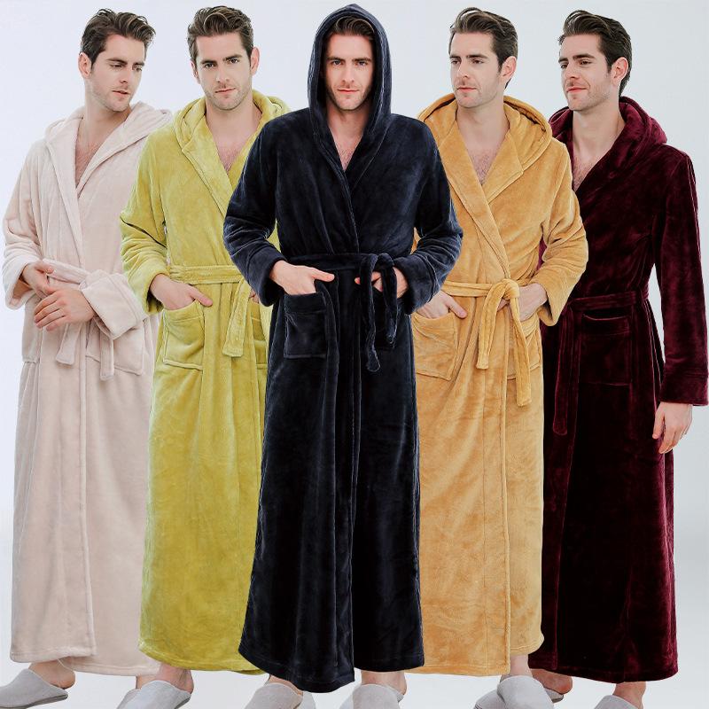 

Men's Flannel Nightgown with Hood Bathroom Towel Bathrobe Winter Coral Fleece Housewear Keep Warm Bath Towels for Adults Towels, Warm yellow