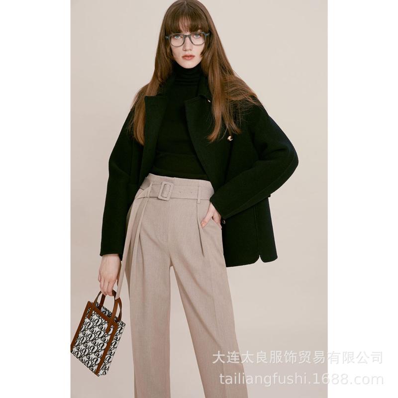 

Dalian Tailiang women' V * V double row metal button Lapel back waist drawcord woolen coat, Blue and black