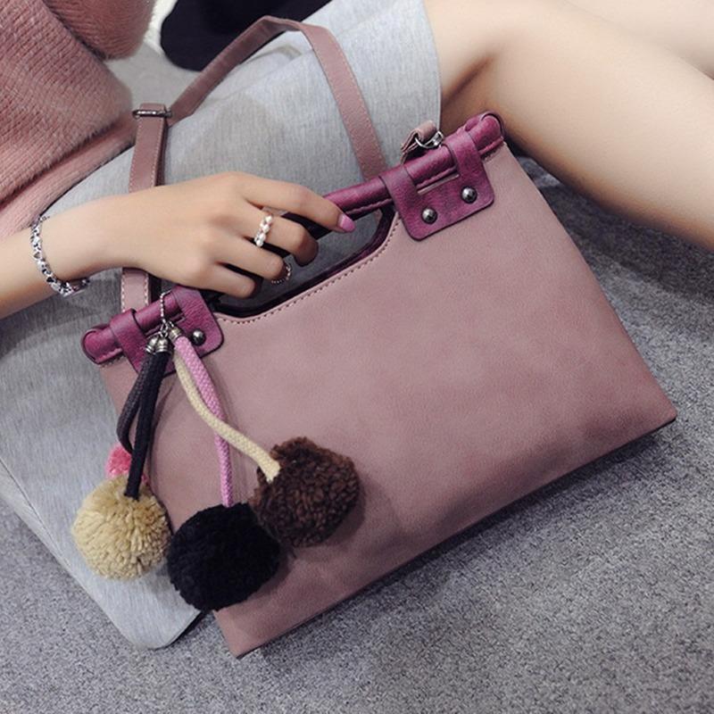 

The New Casual fashion winter Hanging hair ball Contrast All-match High capacity Women's bags handbag Shoulder Bags Diagonal bag, Black
