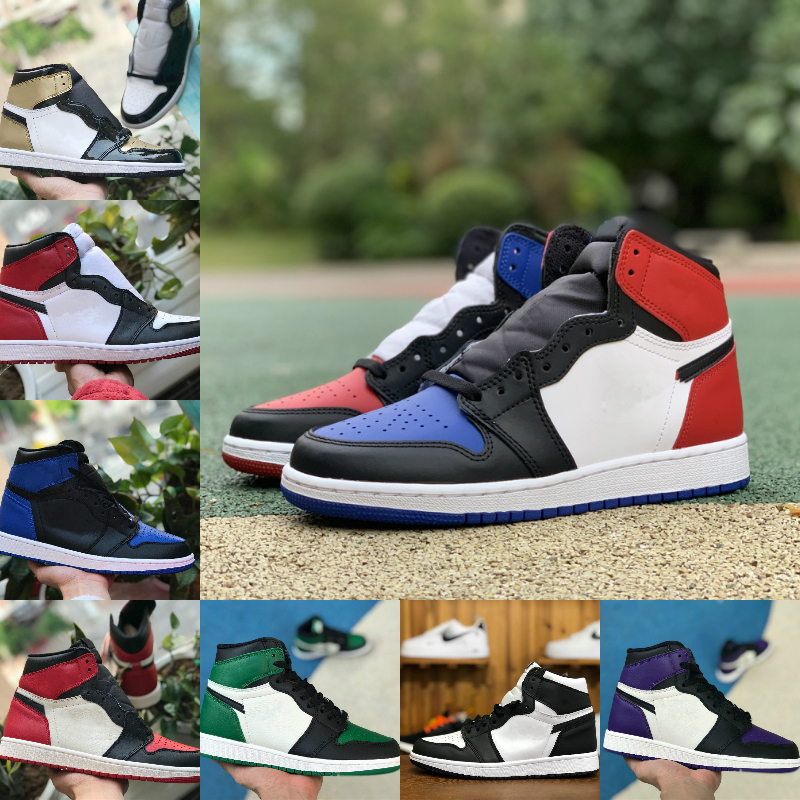 

2021 New 1 1s Basketball Shoes Men Women Bred Toe Black Green Game Royal Blue UNC Patent Court Purple Shattered FRAGMENT Banned Sports Shoes