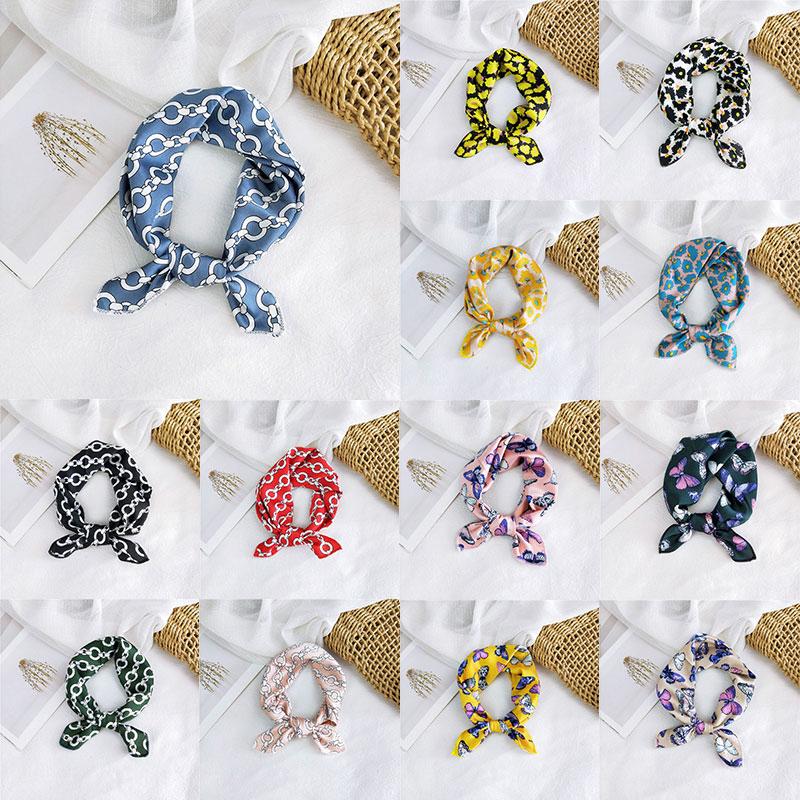 

New Square Scarf 50*50cm Bandana Hair Tie Band Round Chain Stripes Butterfly Floral Print 1Pcs Head-Neck Satin Silk Scarf Women