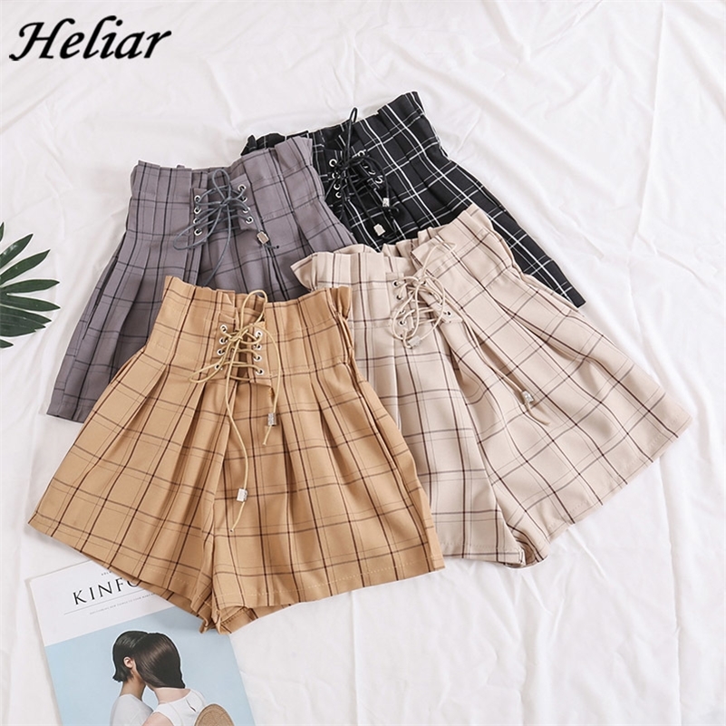 

HELIAR Women Shorts 2020 Spring Summer Female Plaid Drawstring Hot Shorts With Ribbons Elastic High Waist Shorts For Women T200701, Khkai