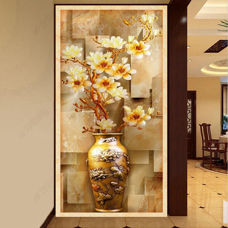 

Custom Luxury Mural Wallpapers 3D Stereoscopic European Magnolia Vase Sticker Bedroom Living Room Door Hallway Decor Wall Paper, As shown