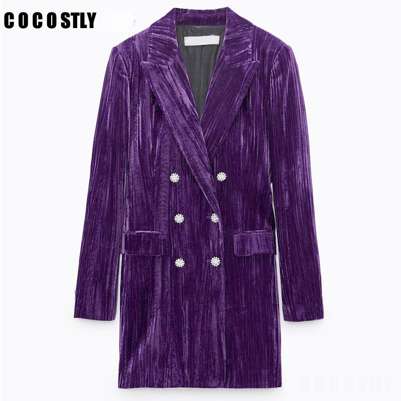 

New Winter Velvet Blazers And Jackets Women Vintage Purple Chic Button Long Suits Coat Female Work Office Lady Outwear