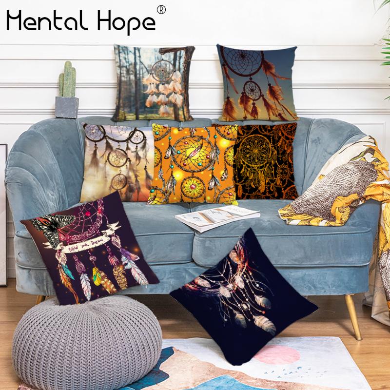 

Dreamcatcher Printed Sofa Throw Pillow Cover Feather Pattern Linen Cotton Cushion Cover Home Decor Square Decorative Pillowcase, B90-3