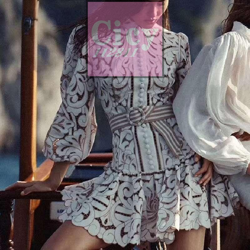 

Australia autumn hollow lace retro waist slim long-sleeved dress, Khaki